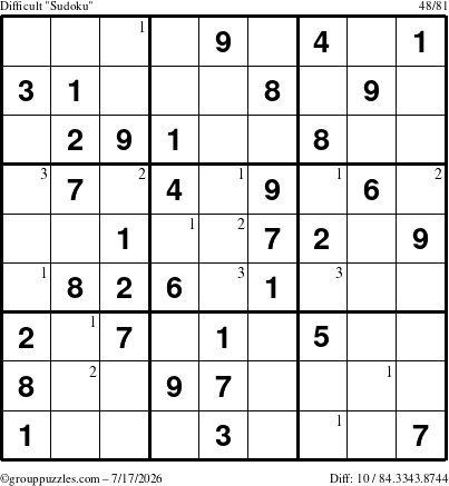The grouppuzzles.com Difficult Sudoku puzzle for Friday July 17, 2026 with the first 3 steps marked