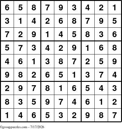 The grouppuzzles.com Answer grid for the Sudoku puzzle for Friday July 17, 2026