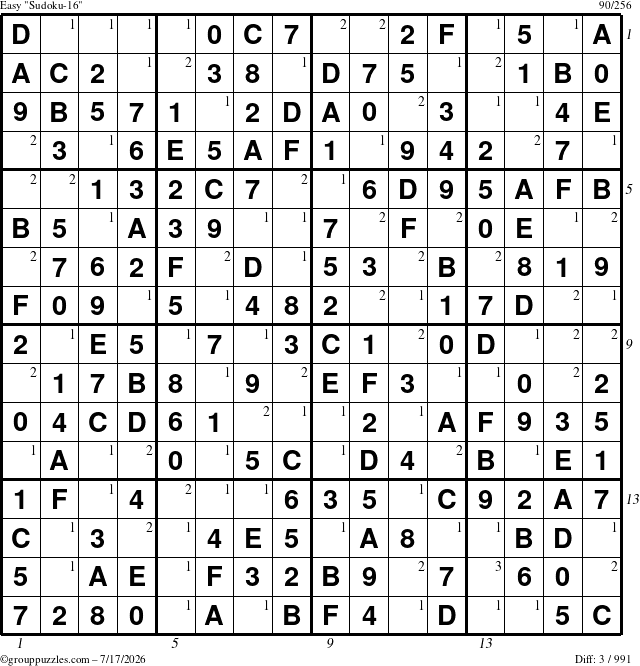 The grouppuzzles.com Easy Sudoku-16 puzzle for Friday July 17, 2026, suitable for printing, with all 3 steps marked