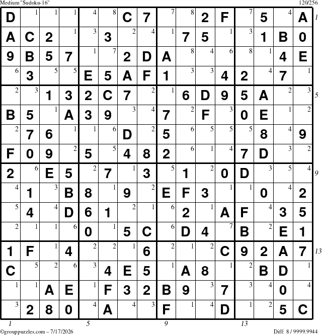The grouppuzzles.com Medium Sudoku-16 puzzle for Friday July 17, 2026 with all 8 steps marked