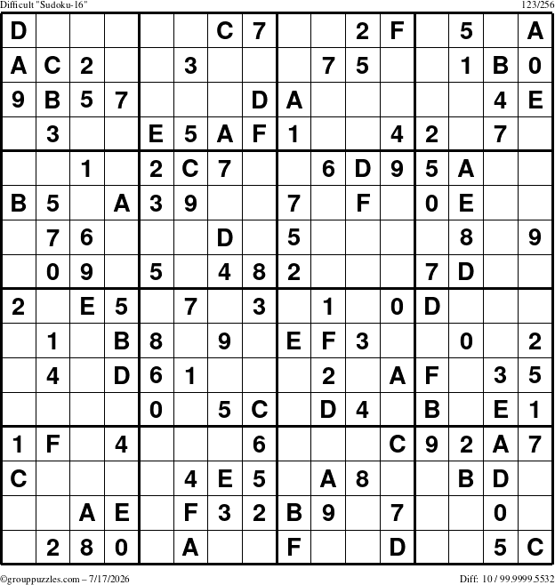 The grouppuzzles.com Difficult Sudoku-16 puzzle for Friday July 17, 2026