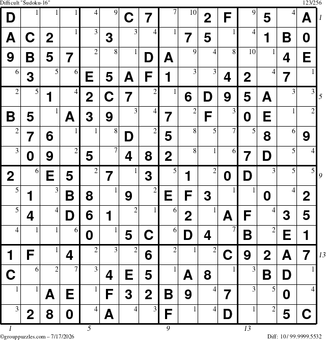 The grouppuzzles.com Difficult Sudoku-16 puzzle for Friday July 17, 2026 with all 10 steps marked