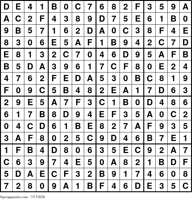 The grouppuzzles.com Answer grid for the Sudoku-16 puzzle for Friday July 17, 2026