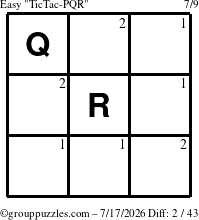 The grouppuzzles.com Easy TicTac-PQR puzzle for Friday July 17, 2026 with the first 2 steps marked
