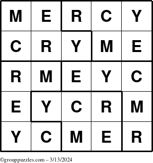 The grouppuzzles.com Answer grid for the Mercy puzzle for Wednesday March 13, 2024