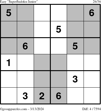 The grouppuzzles.com Easy SuperSudoku-Junior puzzle for Wednesday March 13, 2024