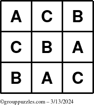 The grouppuzzles.com Answer grid for the TicTac-ABC puzzle for Wednesday March 13, 2024