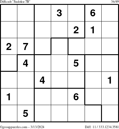 The grouppuzzles.com Difficult Sudoku-7B puzzle for Wednesday March 13, 2024