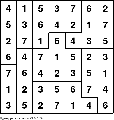 The grouppuzzles.com Answer grid for the Sudoku-7B puzzle for Wednesday March 13, 2024