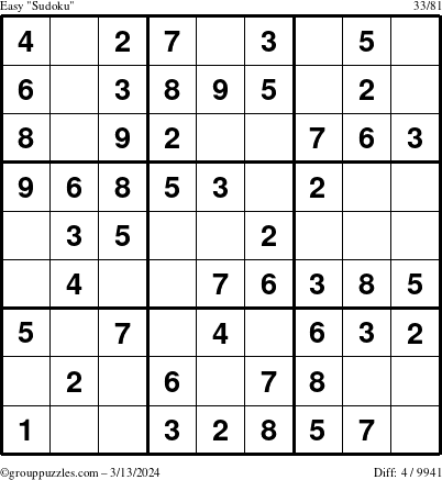 The grouppuzzles.com Easy Sudoku puzzle for Wednesday March 13, 2024