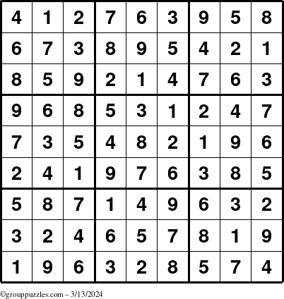 The grouppuzzles.com Answer grid for the Sudoku puzzle for Wednesday March 13, 2024