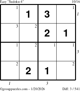 The grouppuzzles.com Easy Sudoku-4 puzzle for Tuesday January 20, 2026, suitable for printing, with all 3 steps marked
