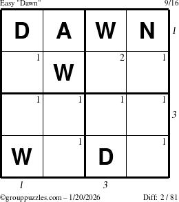 The grouppuzzles.com Easy Dawn puzzle for Tuesday January 20, 2026, suitable for printing, with all 2 steps marked