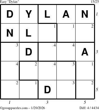 The grouppuzzles.com Easy Dylan puzzle for Tuesday January 20, 2026, suitable for printing, with all 4 steps marked