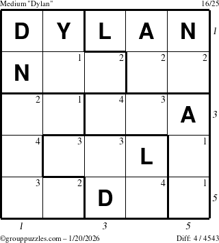 The grouppuzzles.com Medium Dylan puzzle for Tuesday January 20, 2026, suitable for printing, with all 4 steps marked