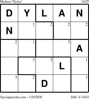 The grouppuzzles.com Medium Dylan puzzle for Tuesday January 20, 2026 with the first 3 steps marked