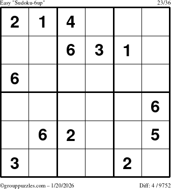 The grouppuzzles.com Easy Sudoku-6up puzzle for Tuesday January 20, 2026