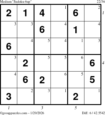 The grouppuzzles.com Medium Sudoku-6up puzzle for Tuesday January 20, 2026, suitable for printing, with all 6 steps marked