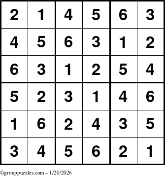 The grouppuzzles.com Answer grid for the Sudoku-6up puzzle for Tuesday January 20, 2026