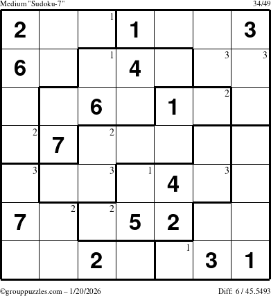 The grouppuzzles.com Medium Sudoku-7 puzzle for Tuesday January 20, 2026 with the first 3 steps marked