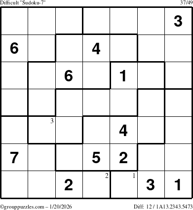 The grouppuzzles.com Difficult Sudoku-7 puzzle for Tuesday January 20, 2026 with the first 3 steps marked