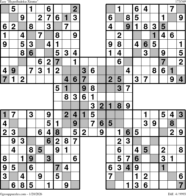 The grouppuzzles.com Easy HyperSudoku-Xtreme puzzle for Tuesday January 20, 2026