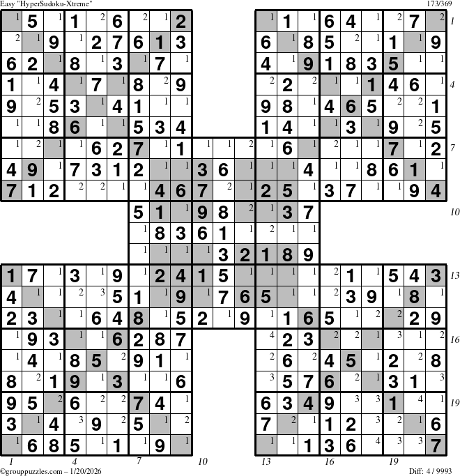 The grouppuzzles.com Easy HyperSudoku-Xtreme puzzle for Tuesday January 20, 2026, suitable for printing, with all 4 steps marked