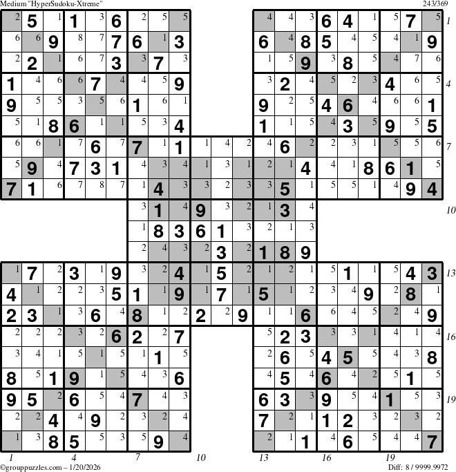 The grouppuzzles.com Medium HyperSudoku-Xtreme puzzle for Tuesday January 20, 2026, suitable for printing, with all 8 steps marked