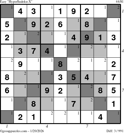The grouppuzzles.com Easy HyperSudoku-X puzzle for Tuesday January 20, 2026 with all 3 steps marked