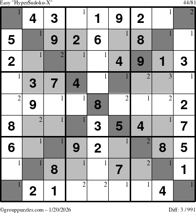The grouppuzzles.com Easy HyperSudoku-X puzzle for Tuesday January 20, 2026 with the first 3 steps marked
