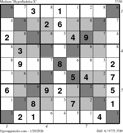 The grouppuzzles.com Medium HyperSudoku-X puzzle for Tuesday January 20, 2026, suitable for printing, with all 8 steps marked