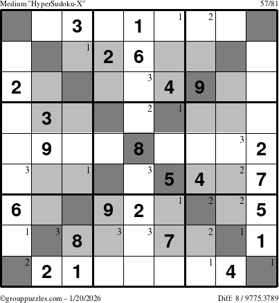 The grouppuzzles.com Medium HyperSudoku-X puzzle for Tuesday January 20, 2026 with the first 3 steps marked