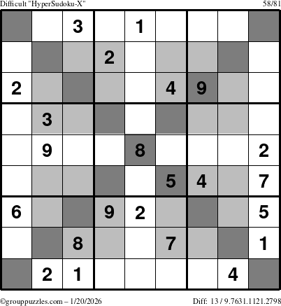 The grouppuzzles.com Difficult HyperSudoku-X puzzle for Tuesday January 20, 2026