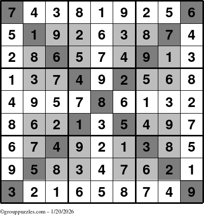 The grouppuzzles.com Answer grid for the HyperSudoku-X puzzle for Tuesday January 20, 2026