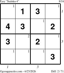 The grouppuzzles.com Easy Sudoku-4 puzzle for Thursday June 25, 2026, suitable for printing, with all 2 steps marked