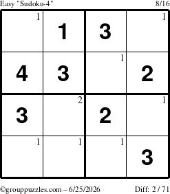 The grouppuzzles.com Easy Sudoku-4 puzzle for Thursday June 25, 2026 with the first 2 steps marked