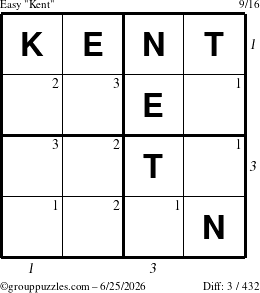 The grouppuzzles.com Easy Kent puzzle for Thursday June 25, 2026, suitable for printing, with all 3 steps marked