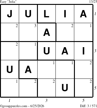 The grouppuzzles.com Easy Julia puzzle for Thursday June 25, 2026, suitable for printing, with all 3 steps marked