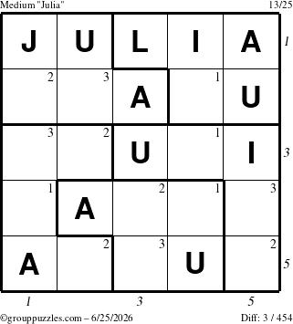 The grouppuzzles.com Medium Julia puzzle for Thursday June 25, 2026 with all 3 steps marked