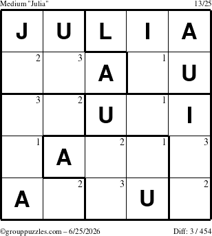 The grouppuzzles.com Medium Julia puzzle for Thursday June 25, 2026 with the first 3 steps marked
