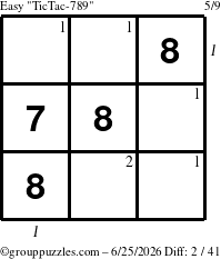 The grouppuzzles.com Easy TicTac-789 puzzle for Thursday June 25, 2026, suitable for printing, with all 2 steps marked