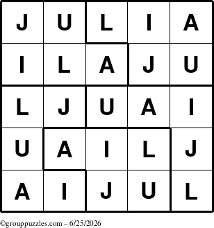 The grouppuzzles.com Answer grid for the Julia puzzle for Thursday June 25, 2026
