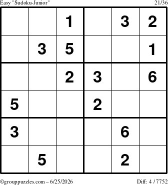 The grouppuzzles.com Easy Sudoku-Junior puzzle for Thursday June 25, 2026