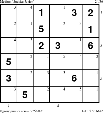 The grouppuzzles.com Medium Sudoku-Junior puzzle for Thursday June 25, 2026 with all 5 steps marked