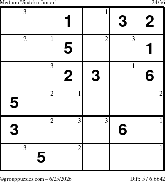 The grouppuzzles.com Medium Sudoku-Junior puzzle for Thursday June 25, 2026 with the first 3 steps marked