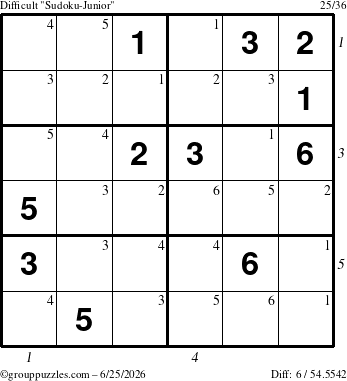 The grouppuzzles.com Difficult Sudoku-Junior puzzle for Thursday June 25, 2026 with all 6 steps marked