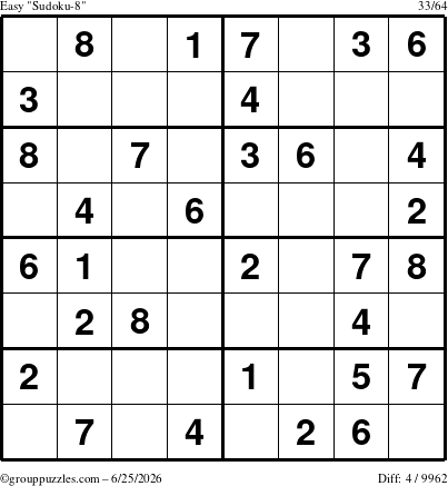The grouppuzzles.com Easy Sudoku-8 puzzle for Thursday June 25, 2026