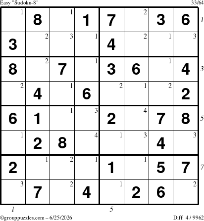 The grouppuzzles.com Easy Sudoku-8 puzzle for Thursday June 25, 2026, suitable for printing, with all 4 steps marked