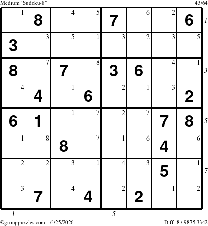 The grouppuzzles.com Medium Sudoku-8 puzzle for Thursday June 25, 2026 with all 8 steps marked