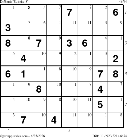 The grouppuzzles.com Difficult Sudoku-8 puzzle for Thursday June 25, 2026 with all 11 steps marked
